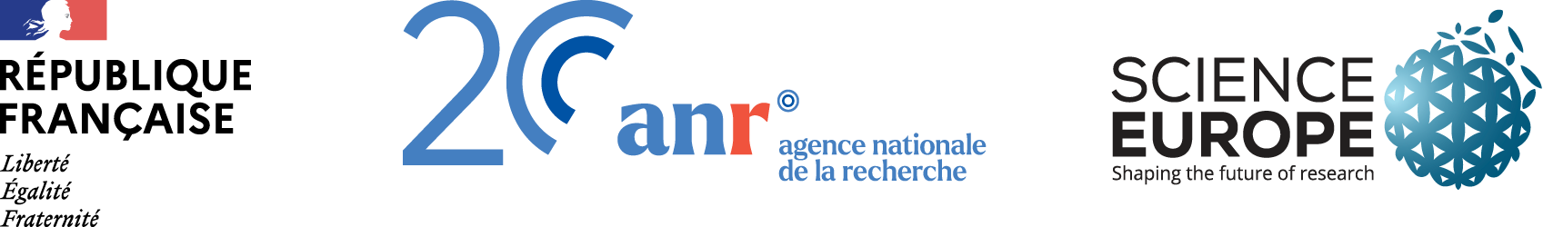 Logos of the Republic of France, the French National Research Agency during its 20th Anniversary, and Science Europe